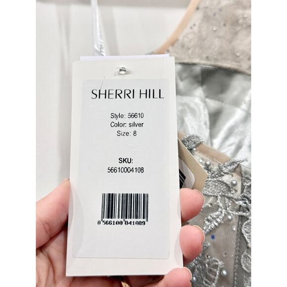 NWT Sherri Hill Halter Ruffle Tulle Cocktail Gown with Leaf Lace Bodice Silver 8 - Picture 5 of 7